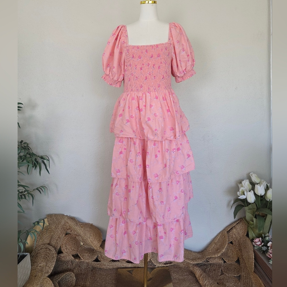 LoveShackFancy Pink Floral Tiered Maxi DressSmocked Tiered L - Picture 2 of 14